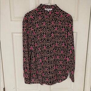 Rose+Olive Pink and Black Patterned Button-Up Blouse. Size medium